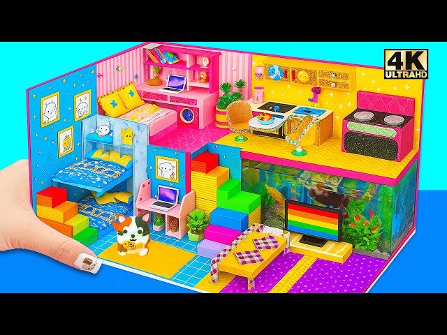 DIY Miniature House - Build Colorful Bedroom Bunk Bed, Aquarium Room and Kitchen House from Cardboard