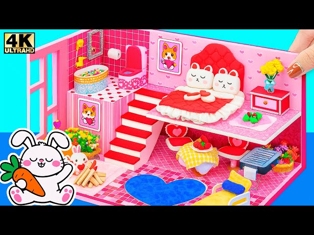 How to Make Pink Bunny Miniature House with Cute Bedroom and Heart Swimming Pool - DIY Miniature House