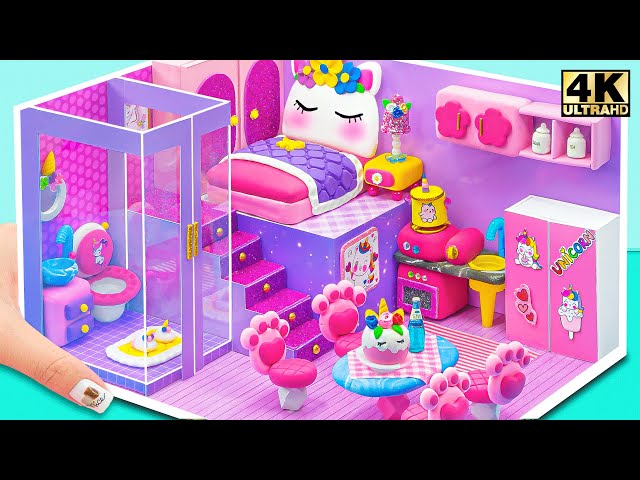 Make Rainbow Unicorn Cardboard House with Bedroom, Kitchen and Bathroom - DIY Miniature Dollhouse