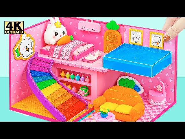 Make Cutest Bunny House with Curved Rainbow Slide Around and Infinity Pool - DIY Miniature House