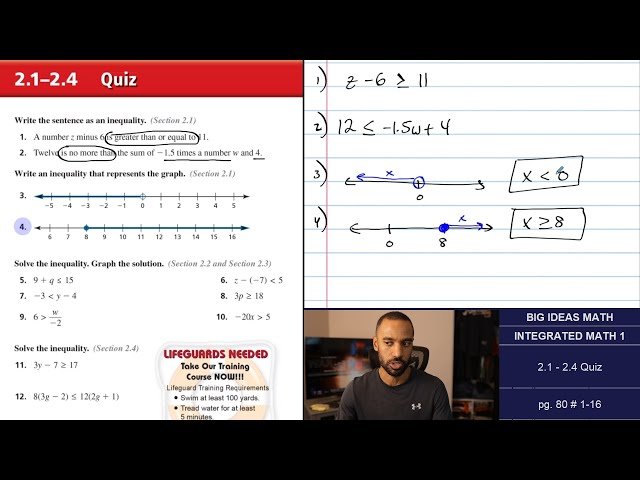 Solving Multi-Step Inequalities - Quiz Review for Big Ideas Math Sections 2.1-2.4