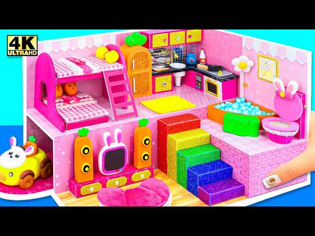 Giant Pink Bunny House with Colorful Rainbow Stairs - Made from Cardboard DIY Craft
