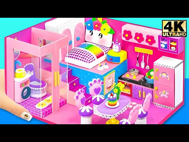 DIY Rainbow Unicorn Mini House with Bedroom, Kitchen and Bathroom - Miniature Cardboard House