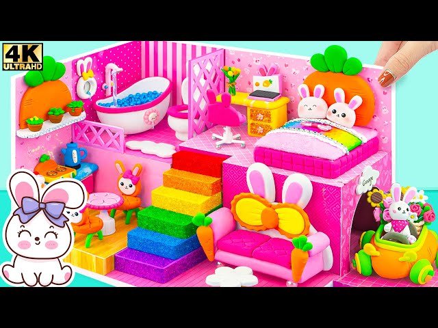 We Build Amazing Bunny Dollhouse with Bedroom, Carrot Car and Rainbow Steps - DIY Miniature House