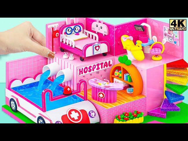 Craft Bunny Hospital with Water Pool Ambulance, Patient Room and Rainbow Stairs - DIY Miniature House