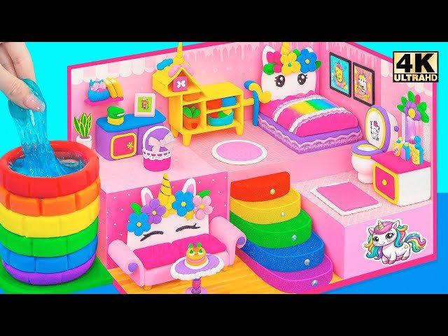 Make Rainbow Unicorn Miniature Dollhouse with Cute Bedroom, Kitchen, Bathroom and Well - DIY House