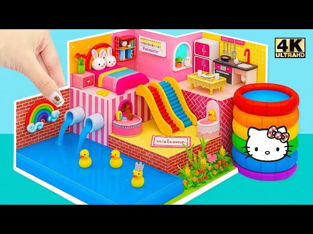 How to Make Hello Kitty House with Bunny Bed, Kitchen, Pool, Rainbow Well and Stairs - DIY Mini House