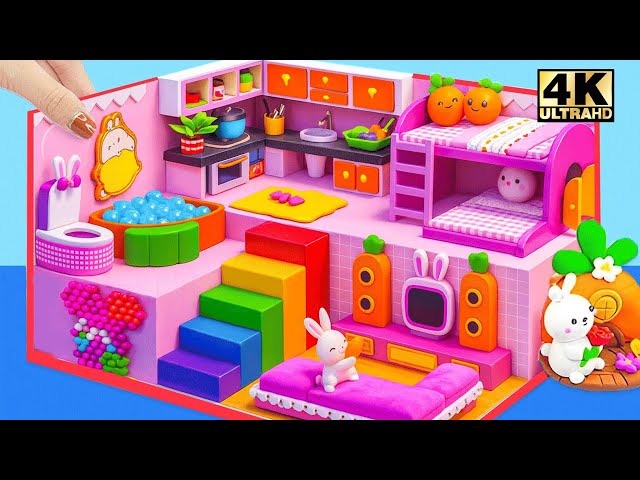 Make Mini Pink Bunny House With Bunk Bed, Kitchen and Rainbow Stairs - DIY Miniature House