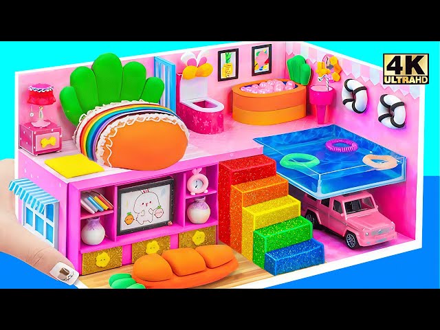 Make a Cardboard Bunny House for Hello Kitty with Swimming Pool and Cute Furniture - DIY Mini House