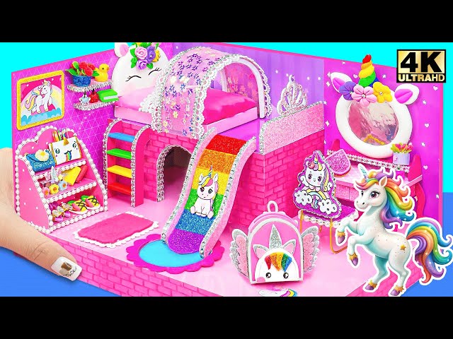 Make Cute Pink Unicorn House with Bedroom, Rainbow Stairs and Glitter Furniture - DIY Miniature House