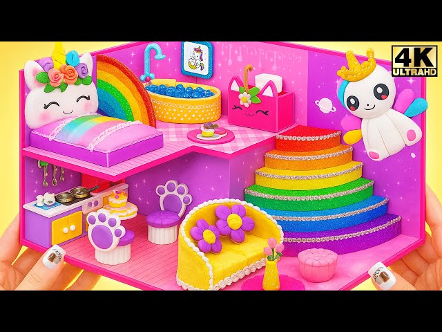 Make Cute Purple Unicorn Miniature House with Rainbow Stairs to Living Room - DIY Miniature House