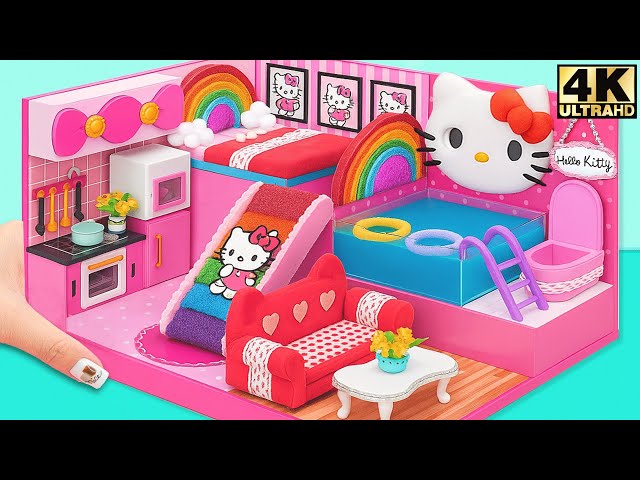 Build Cute Hello Kitty Miniature Dollhouse with Rainbow Slide, Kitchen and Pool - DIY Cardboard House
