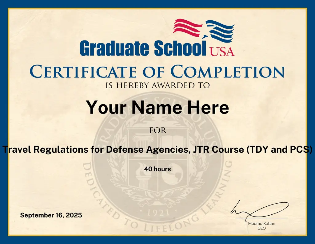 Travel Regulations for Defense Agencies, JTR Course (TDY and PCS)