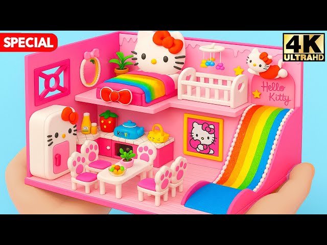 DIY Miniature House - Build a 2 Story Hello Kitty Dollhouse with Pink Room and Rainbow Slide