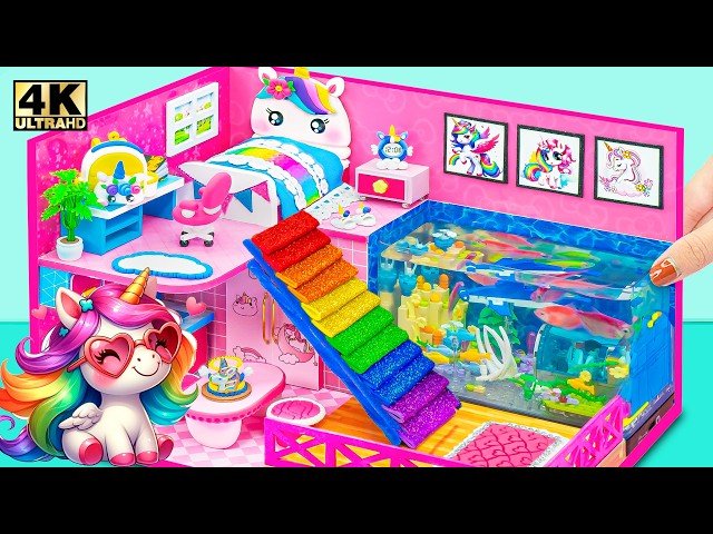 Make Magical Unicorn House with Pink Bedroom, LEGO Aquarium and Rainbow Slide - DIY Miniature House