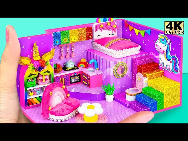 How to Make a Unicorn Cardboard Dollhouse - Rainbow Stairs, Kitchen and Pink Bedroom