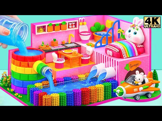 Recycling Cardboard into Pink Bunny House with Automatic Rainbow Water and Airplane - DIY Mini House