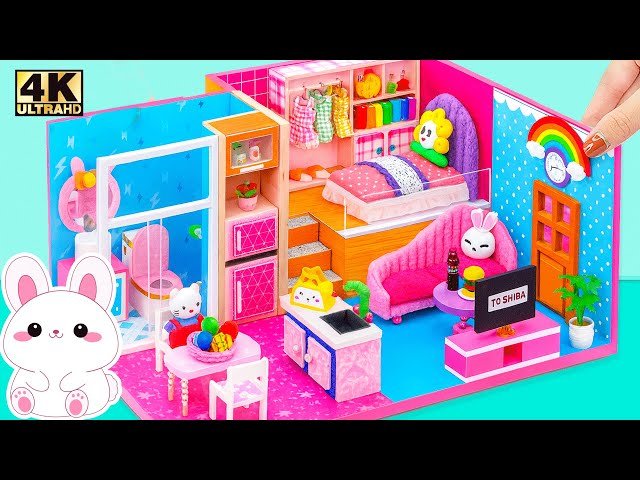 How To Make Pink Bunny House with Cute Bedroom, Kitchen and Living Room - DIY Miniature House