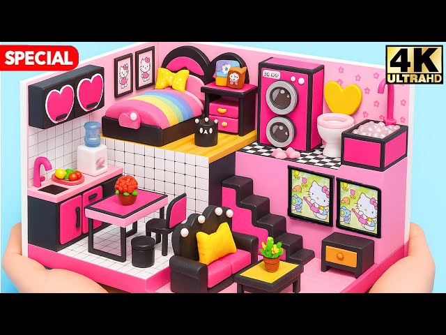 Build Simple Black and Pink Dollhouse with Bedroom, Kitchen, Living Room for Two - DIY Miniature House
