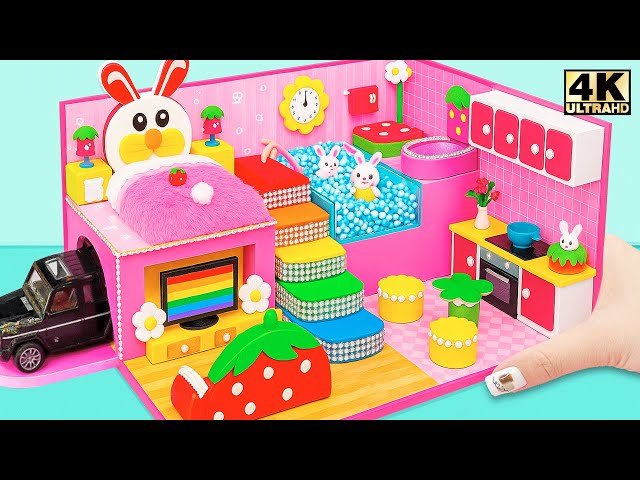 Build Cute Bunny Dollhouse with Rainbow Bedroom and Decorate Mini Kitchen - DIY Miniature House