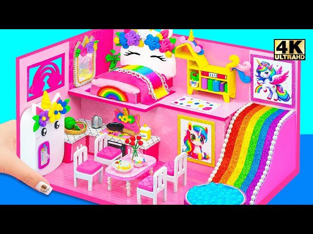 Create a Unicorn Miniature House with Rainbow Pool and Bookshelf - DIY Cardboard House
