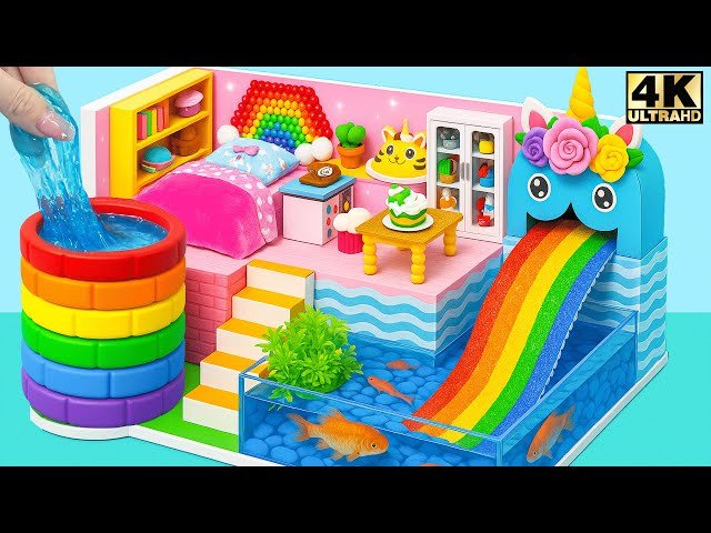 DIY Rainbow Mini House with Unicorn Kitchen, Cute Bed and Aquarium Slide