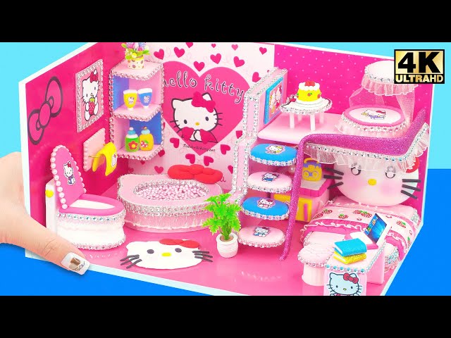 Make a Cardboard Hello Kitty Mini House with Pink Furniture and Sweet Details - DIY Miniature House