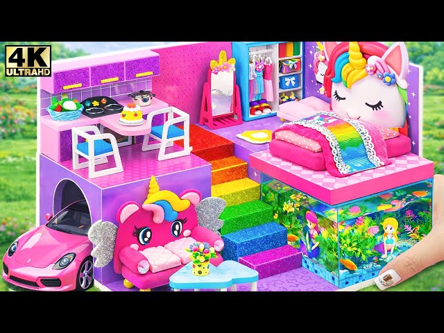 Make a Cute 2-Story Pink Dollhouse with Bunk Bed, Kitchen and Giant Aquarium - DIY Mini Cardboard House