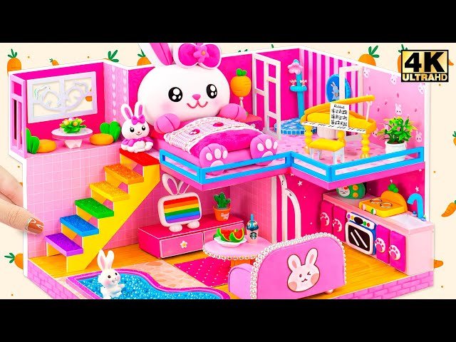 Make Super Cute Two Story Pink Bunny Dollhouse with Mini Pool and Rainbow Slide - DIY Miniature House