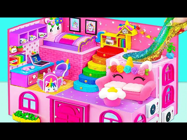 How to Build 3-Story Unicorn Dollhouse from Cardboard with Rainbow Stairs and Slime Slide - DIY Mini