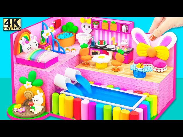 Build Cute Bunny Mini House with Rainbow Bed Swimming Pool Carrot Chairs - DIY Miniature House