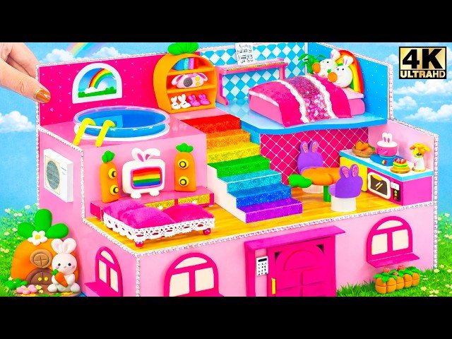DIY Bunny Carrot House with Rainbow Stairs - Mini Indoor Pool and Cute Kitchen