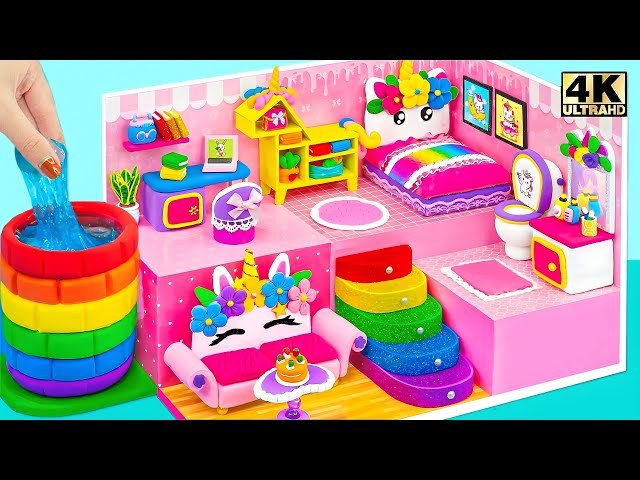 Make Rainbow Unicorn Mini House with Bedroom, Bathroom and Colorful Slime Pool - DIY Miniature House