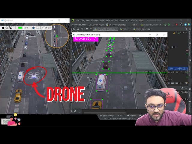 Drone Counting Cars in a Simulator using OpenCV and YOLO - PySimverse