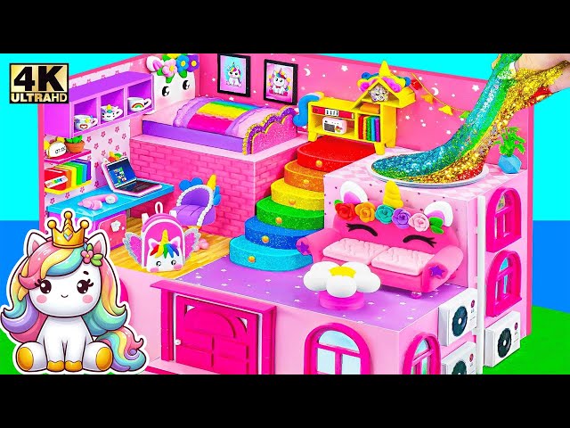 Make Magical Unicorn Mini House with Rainbow Bed and Glitter Slime - DIY Cardboard Craft