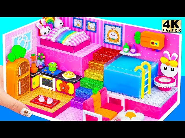 How to Make Cute Pink Bunny House with Swimming Pool - DIY Miniature Cardboard House