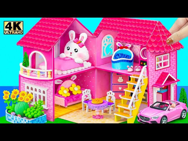 Build Dreamy Pink Bunny Dollhouse with Garden, Bedroom and Bright Furniture - DIY Miniature House