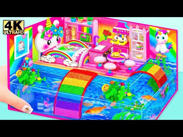 Build Aquarium Around Miniature Rainbow Unicorn House from Cardboard - DIY Miniature House