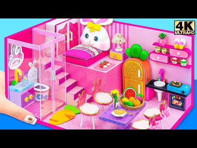 Make a Bunny Mini House with Pink Cardboard Furniture and Cute Bathroom - DIY Miniature Room