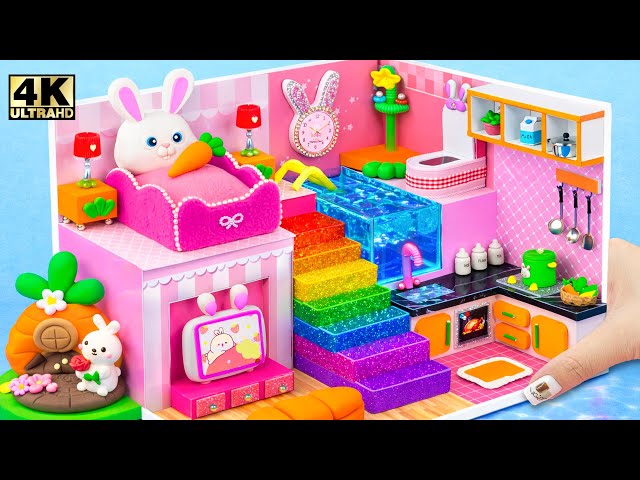 DIY Rainbow Miniature House - Make Adorable Bunny House from Cardboard with Bedroom and Kitchen