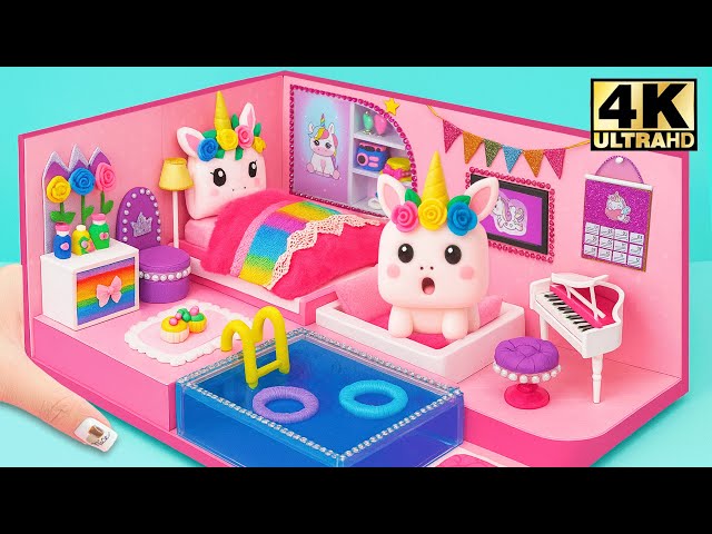 Build Cute Unicorn Mini House with Pink Bedroom and Swimming Pool - DIY Miniature House